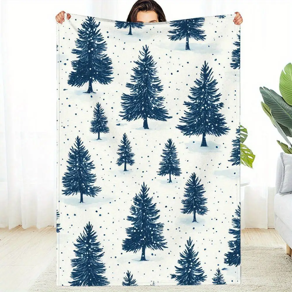 

Navy blue cedar and winter pattern blanket, polyester fabric, machine washable, suitable for sofas, beds, benches.
