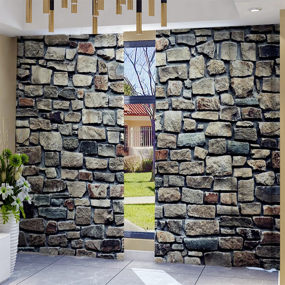 2PC Home Brick and Stone Wallsl Vorhänge mit Landschaftshintergrund und Pole Pocket Vorhänge, Küche, Café, Wohnzimmer,