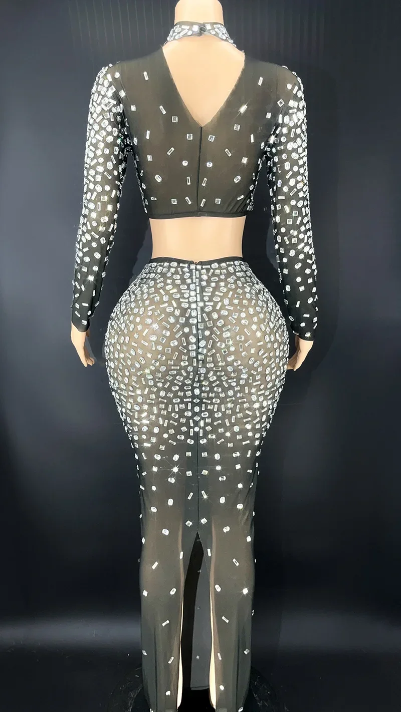 حجر الراين الزي أعلى تنورة طويلة مثير شفافة قطعتين مجموعة مهمة مكان الحفلة فستان الاحتفال فستان عيد ميلاد