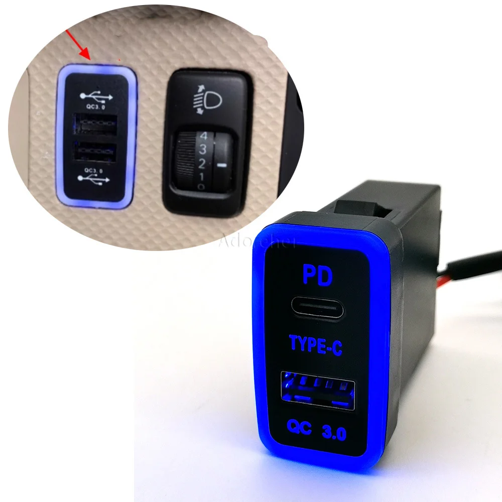 Blue LED Car Dual Charger TYPE-C PD QC3.0 USB Interface Socket Adapter Fit for Toyota Corolla For Prado For FJ Cruiser 120
