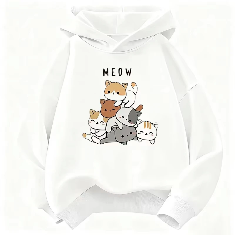 Unisex Cute Stacked Cat Meow Graphic Hoodie Casual Long Sleeve Pullover Hooded Sweatshirt Kawaii Animal Print Daily Wear Top