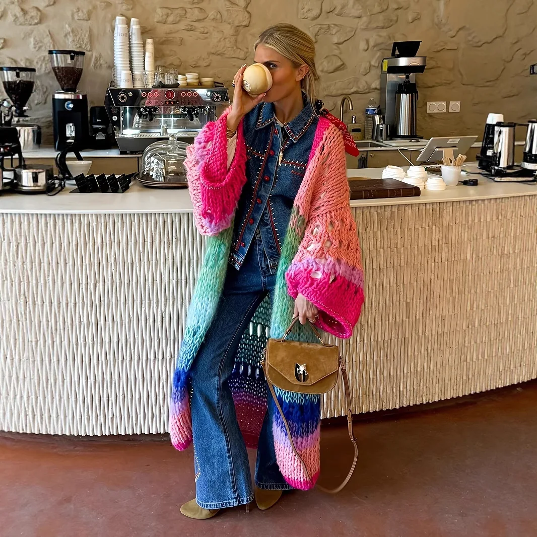 Contrasting Colors Pure Hand Hook Knitted Ethnic Style Shawl Holiday Long Cardigan Retro Loose Blouse Sweater Women Cardigan