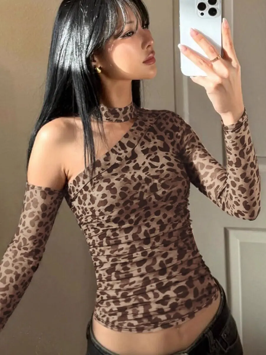 Women's Leopard Print Mesh See-through T-Shirt Y2K Gyaru T-shirt Irregular One-shoulder Halter Ribbon Long Sleeve Tee Top 2026