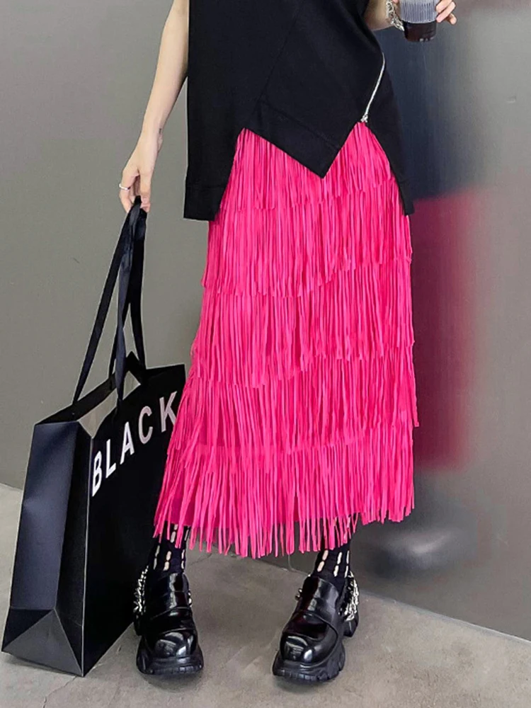 

High Elastic Waist Red Pleated Tassels Long Elegant Half-body Skirt Women Fashion Tide New Spring Autumn
