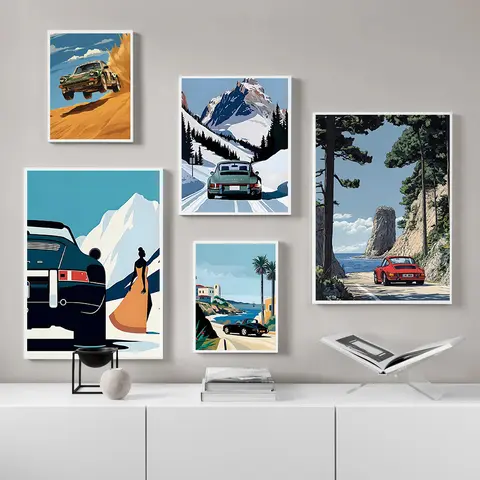 Klassisk Porsche 911 Alpine Drive Poster Retro Alpinresa Tecknade Tryck Canvastavlor Väggkonst Tavla Heminredning Vardagsrum 8 best sales bilväggkonst - №8