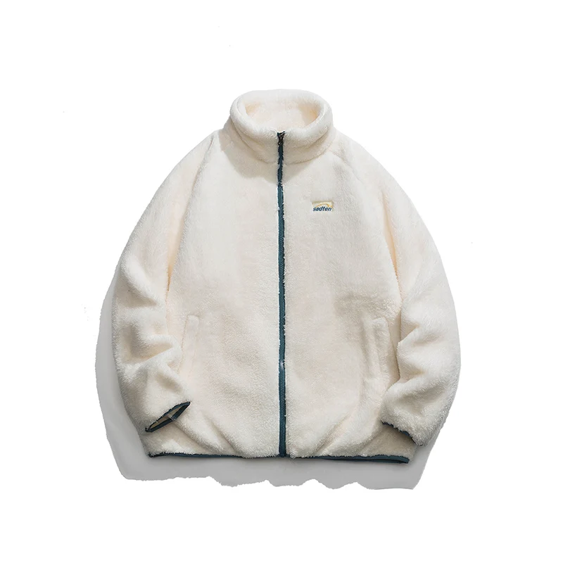 เสื้อแจ็คเก็ตขนแกะผู้ชายฤดูหนาว เสื้อแจ็คเก็ตกำมะหยี่ปะการังขนปุยลำลองผู้หญิง สีพื้น เสื้อโค้ทหนาอุ่นๆ สไตล์ฮาราจูกุ คู่รัก สีเบจ สีม่วง สีเหลือง