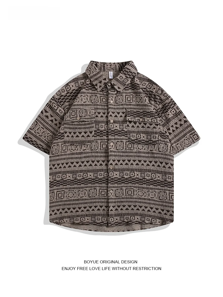 

Мужская рубашка Boyue в этническом ретро-стиле с узором, свободного кроя, тонкая, модная, молодежная, летняя, повседневная, с геометрическим принтом