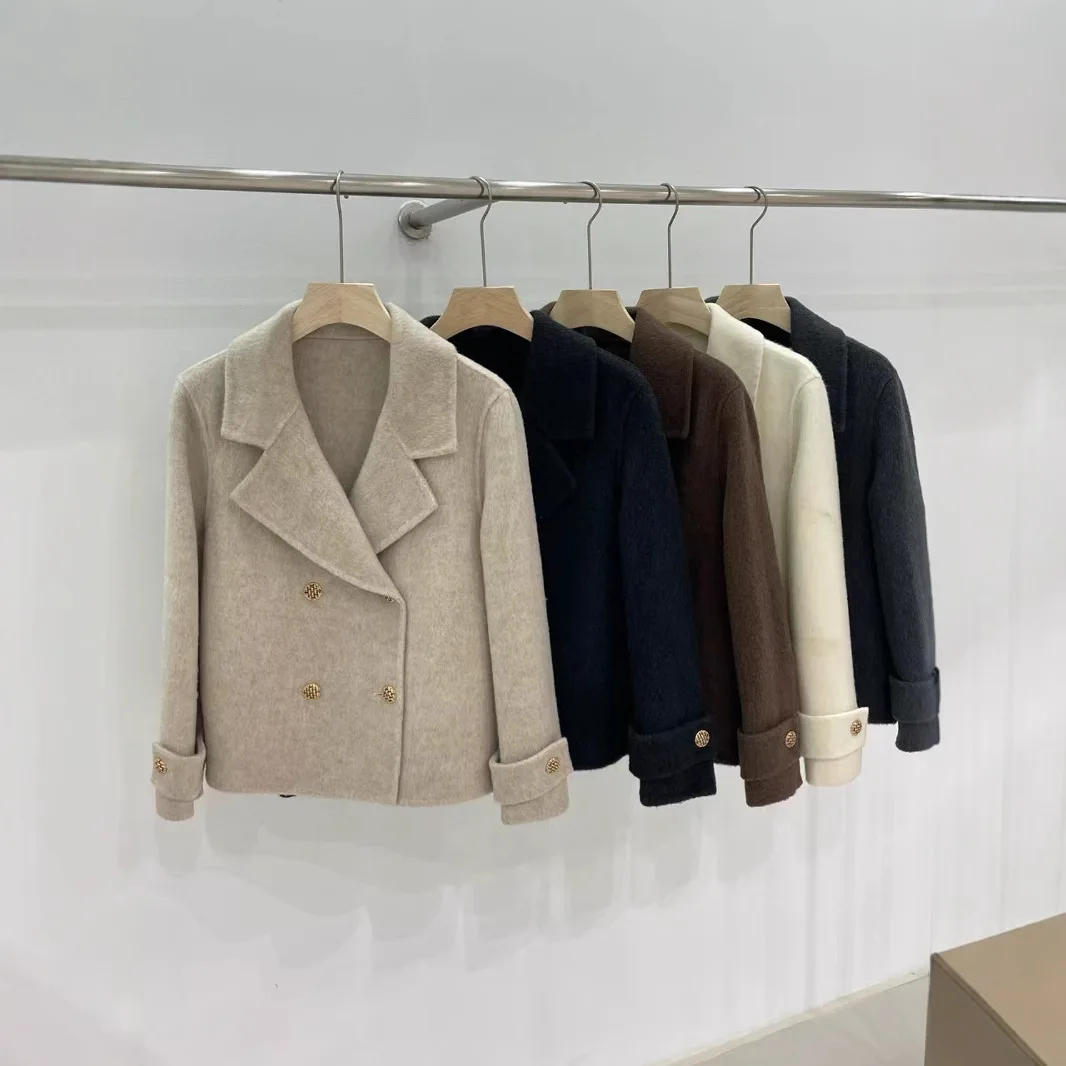 Women Wool Tailored Coats Solid Short Jackets Button Lapel Collar Long Sleeves Loose Fit Double Breasted Casual 2025 Spring