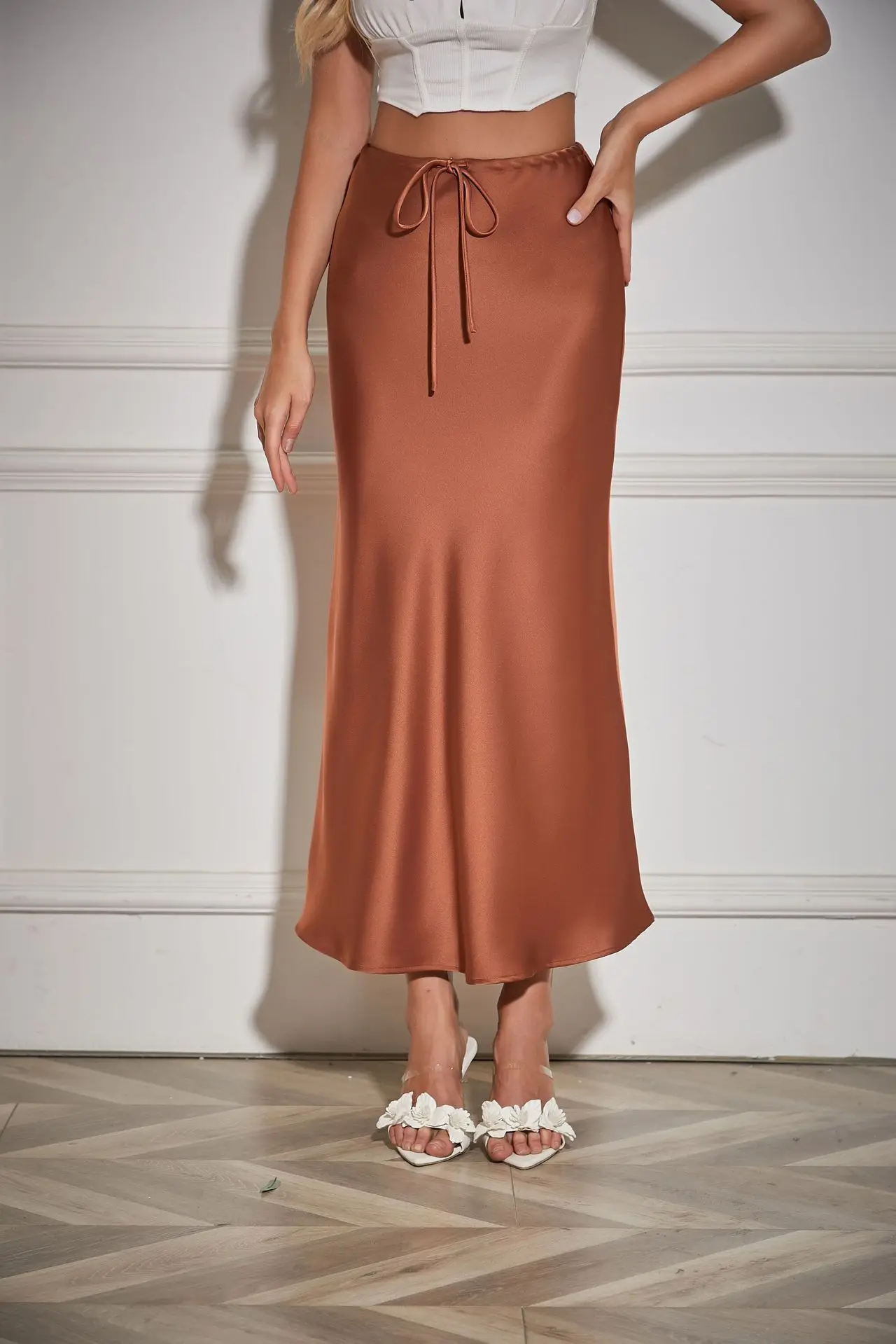 New In 2026 Women's Spring Summer Solid Color Satin Long Skirt High Waist Lace-up Trendy Elegant Faldas Female Beach Maxi Skirts