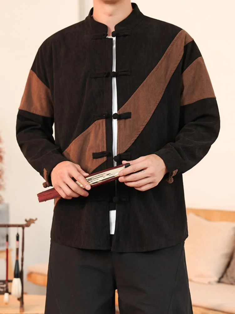

New Chinese Sle Men's irt Autumn Spring Corduroy Patchwork Reformed Hanfu Middle Age Tang Costume Loose Fit Long Sve