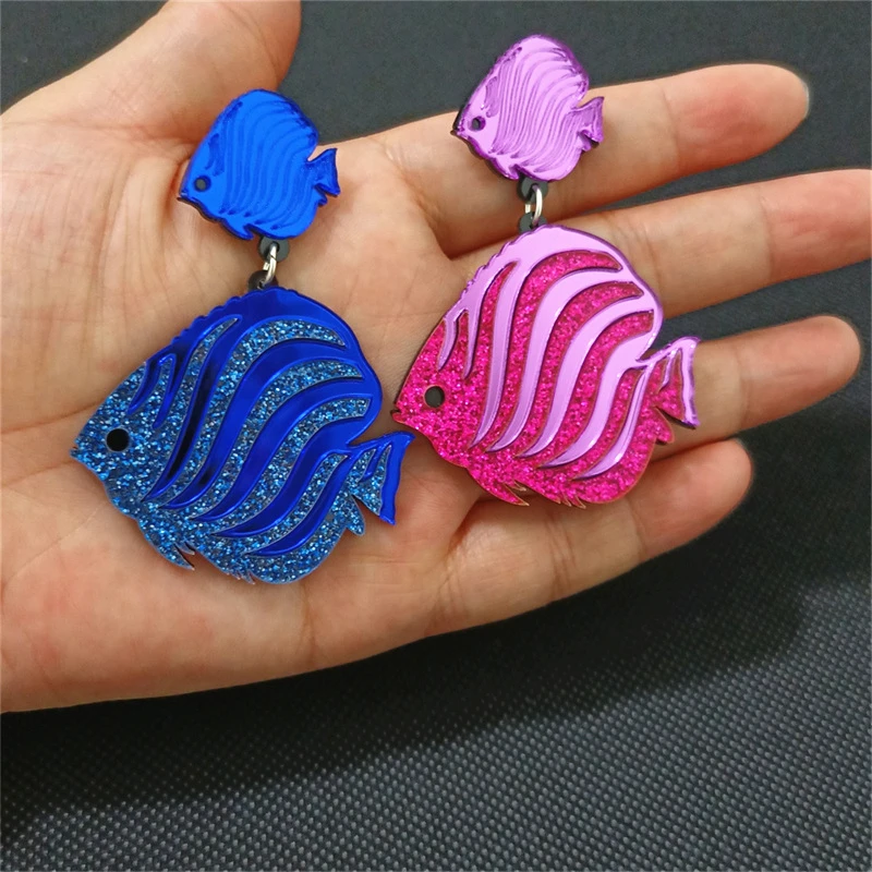 KUGUYS Striped Tropical Fish Summer Mirror Earrings for Women Acrylic Glitter Blue Hot Pink Cute Jewelry Fashion Accessories