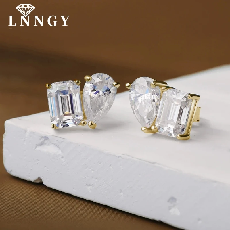 

Прозрачные серьги-гвоздики Lnngy с изумрудами и кубическим цирконием в форме груши для женщин, изысканный дизайн с двумя камнями, нежные украшения