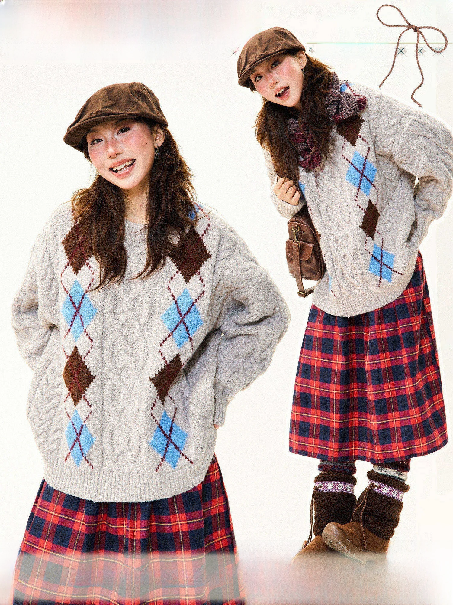 

Ретро-свитер с витым ромбовидным узором, женский, свободный, мягкий, зимний пуловер из смесовой шерсти, удобный, в уличном стиле