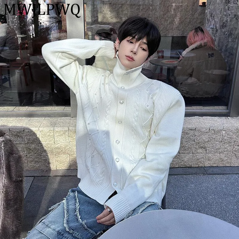 

MWJLPWQ Trendy Design Turtleneck Men's Sweater 2026 New Spring Winter Lazy Style Decorate Versatile Single Breasted Tops 13462