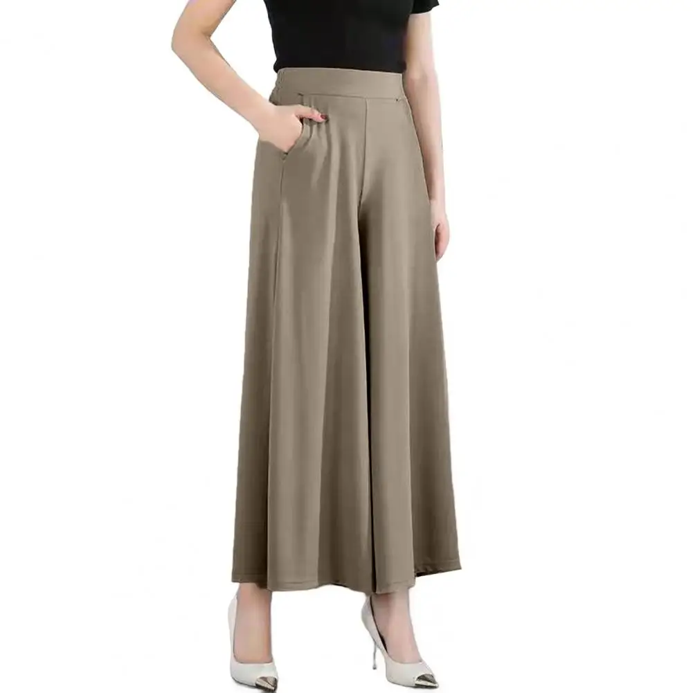 Брюки с широкой талией. Женские широкие брюки с высокой талией и карманами. Однотонные костюмные брюки для ношения. Удобный стиль. Однотонные.