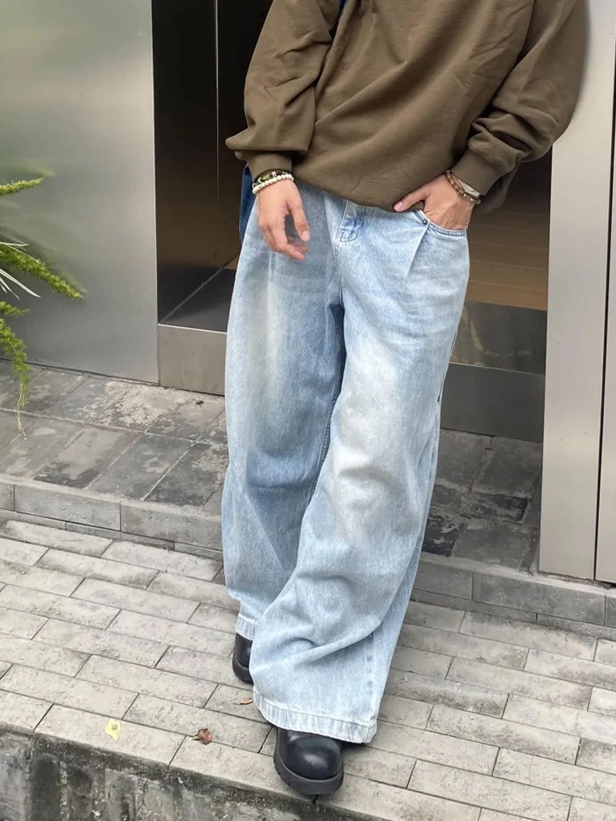 Retro American Washed Loose Jeans Men Women Casual Straight Leg Pocket Double Pleat Wide Leg Long Pants Vintage Denim Jeans