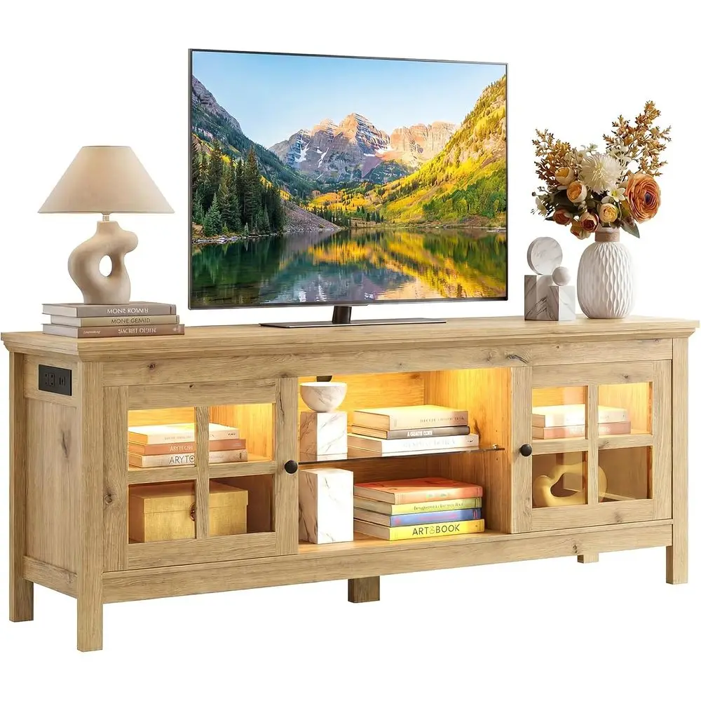 

55-60 Inch LED TV Stand with Power Outlet, Media Storage and Adjustable Shelves for Living Room and Bedroom