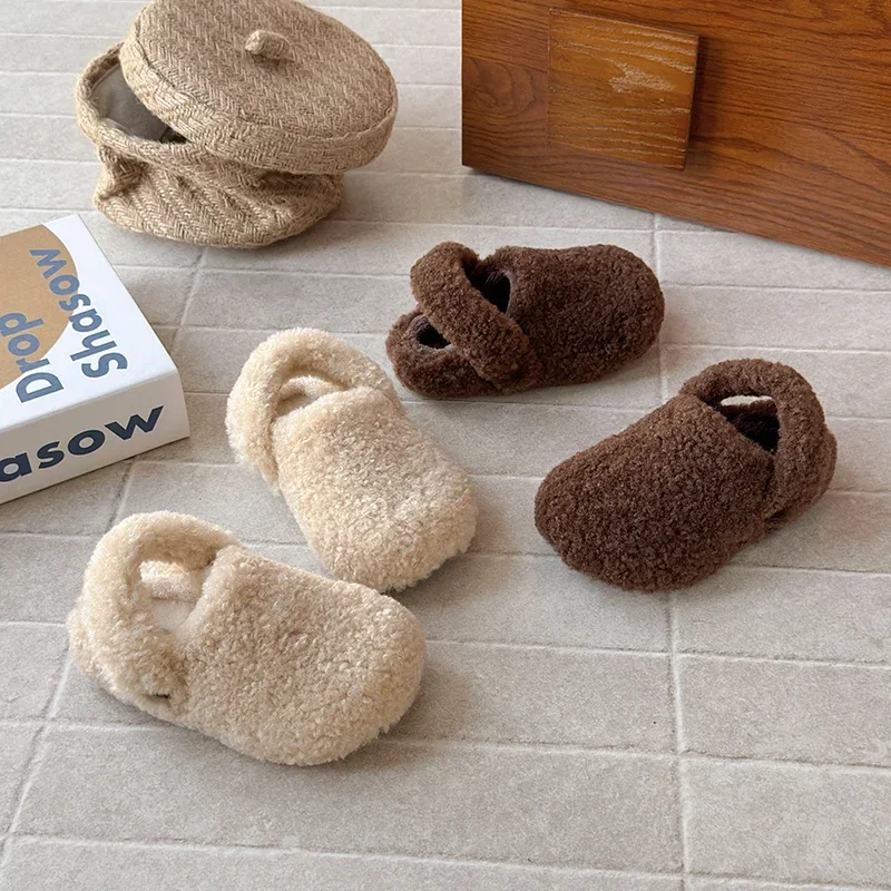 Kids Winter Warm Fuzzy Plush Slippers Anti Slip Sole Back Strap Design Toddler Home Indoor Shoes