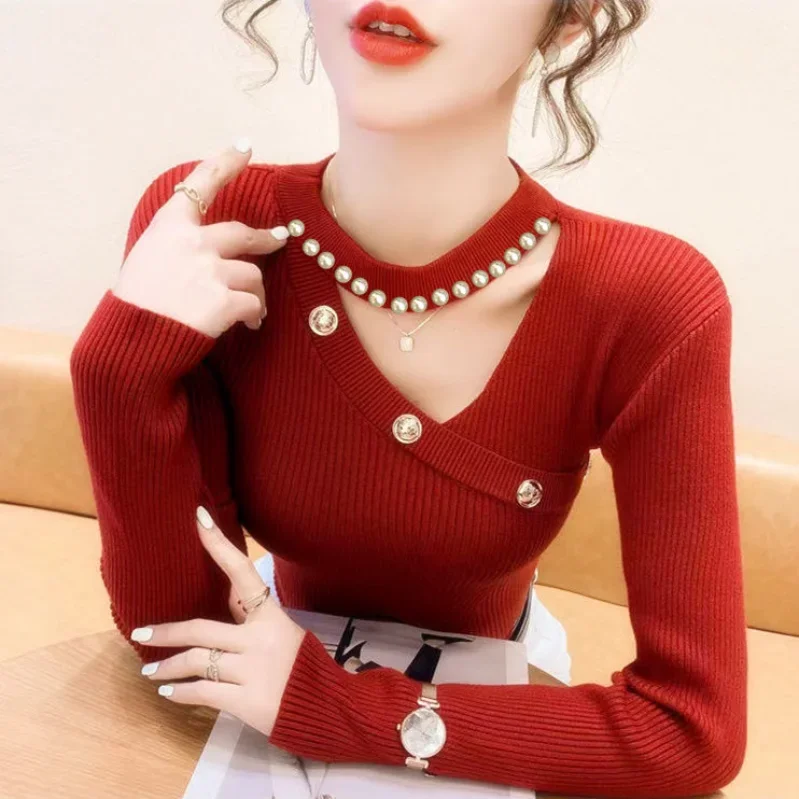 

Women Autumn Winter New Fashion Elegant Round Pullover Sweater Solid Color Nail Beads Hollow Out Versatile Knit Long-sleeve Tops