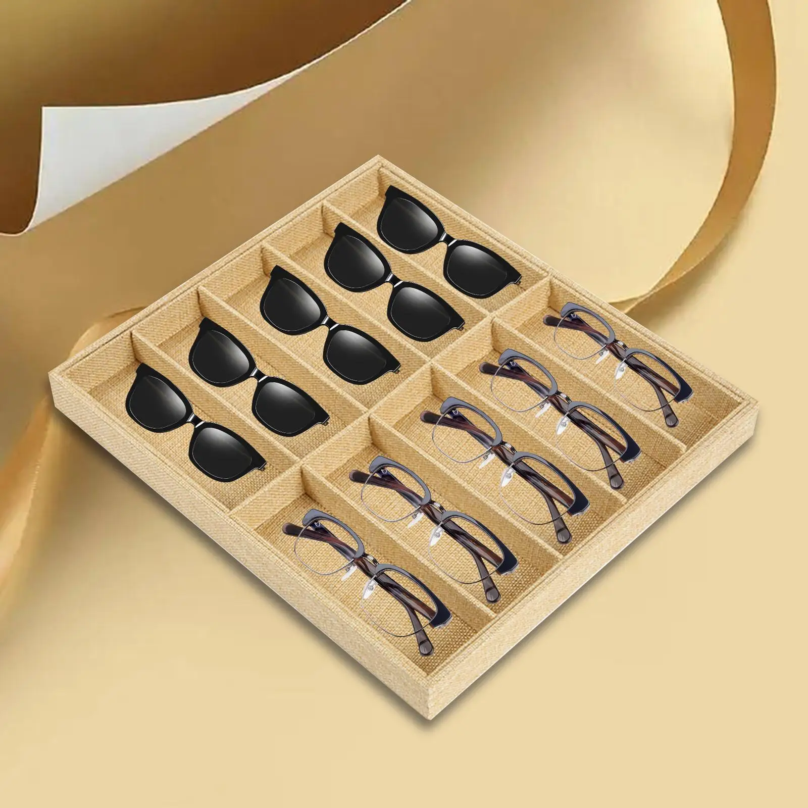 Glasses Storage Organizer Box Wooden Display Tray 10 Grids Linen Lined Sunglasses Case Holder for Eyeglasses Reading Glasses