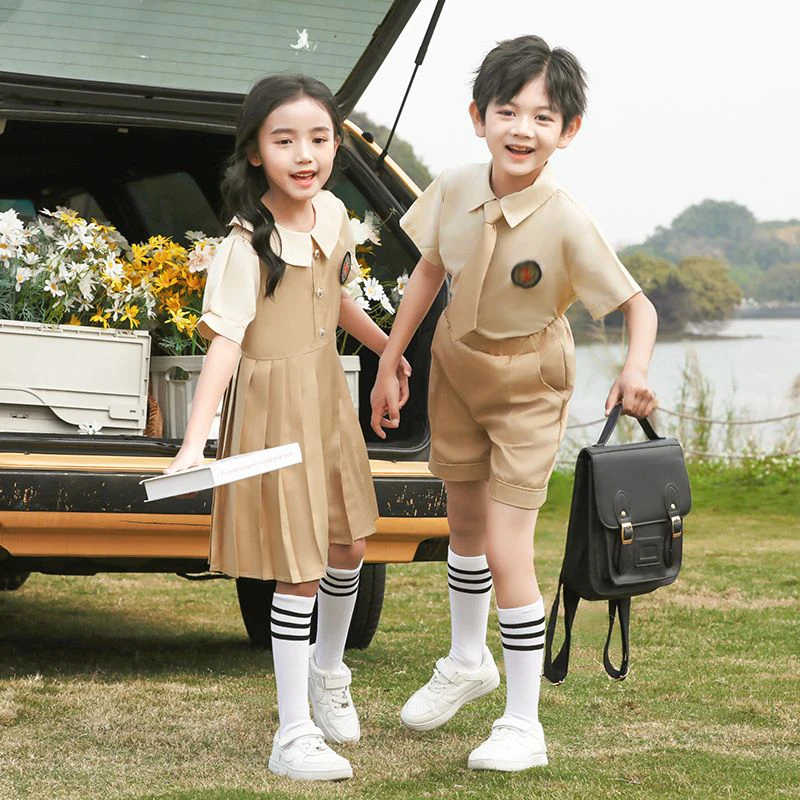 

Summer Girls Brother Sister Pleated TSkirt+Shorts Shorts Sleeves Children Casual Clothes Solid color Lapel School uniform Dress