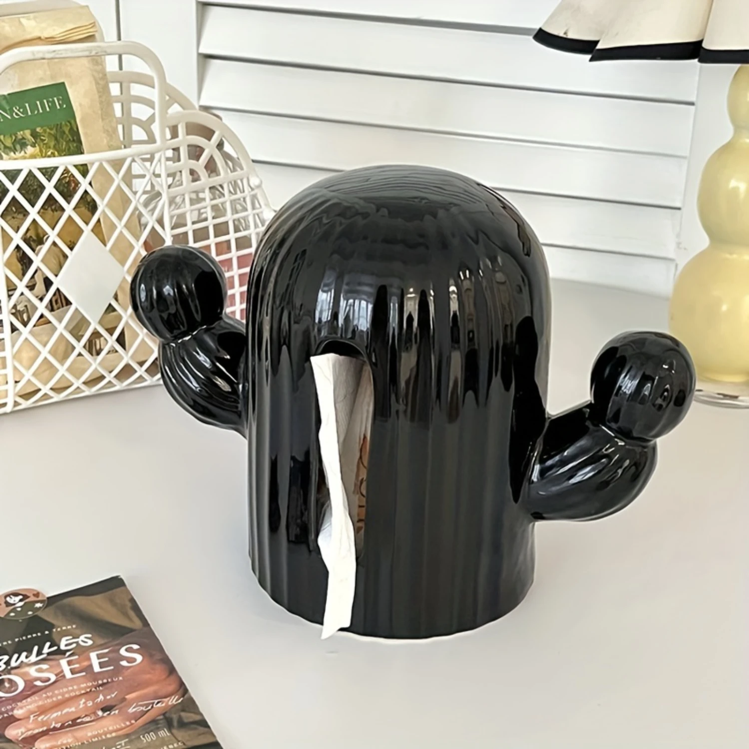 1pc Ceramic Cactus Shape Tissue Box,  Entrance Foyer  Organizer Ornament, Napkins  Case,  Room Entry Decor