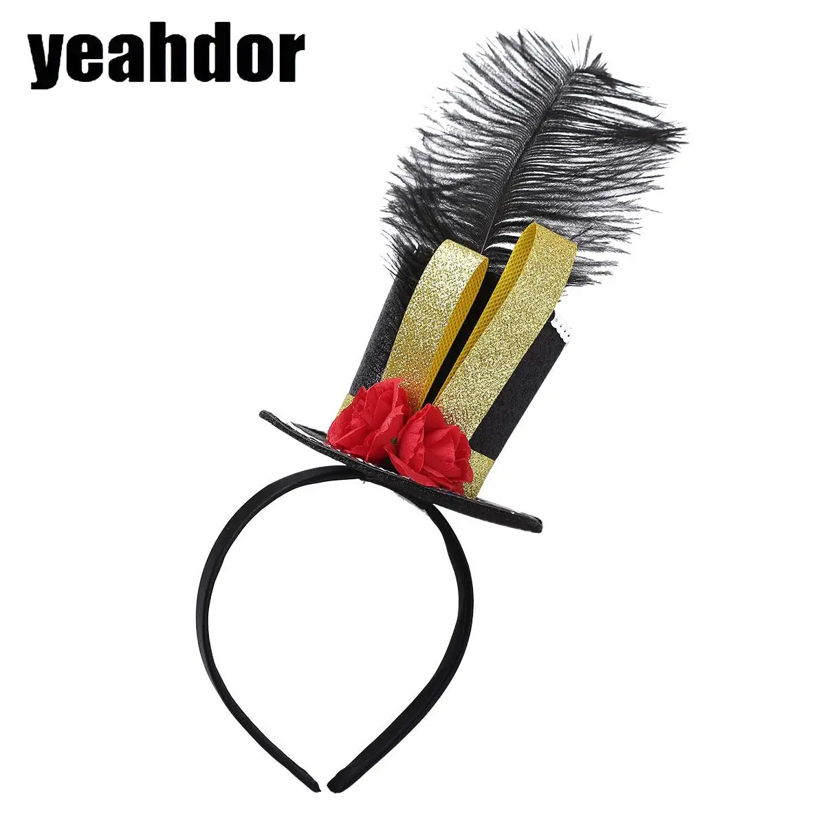 

Girls Fascinator Headband Feather Mini Top Hat Fancy Steampunk Mini Top Hat Hair Hoop Rose Decor Halloween Circus Ringmaster