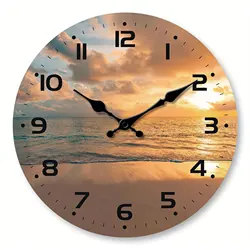 Sunset on the beach with Sea view Silent wall clock, round wooden wall clock, suitable for living room bedroom, room decoration,