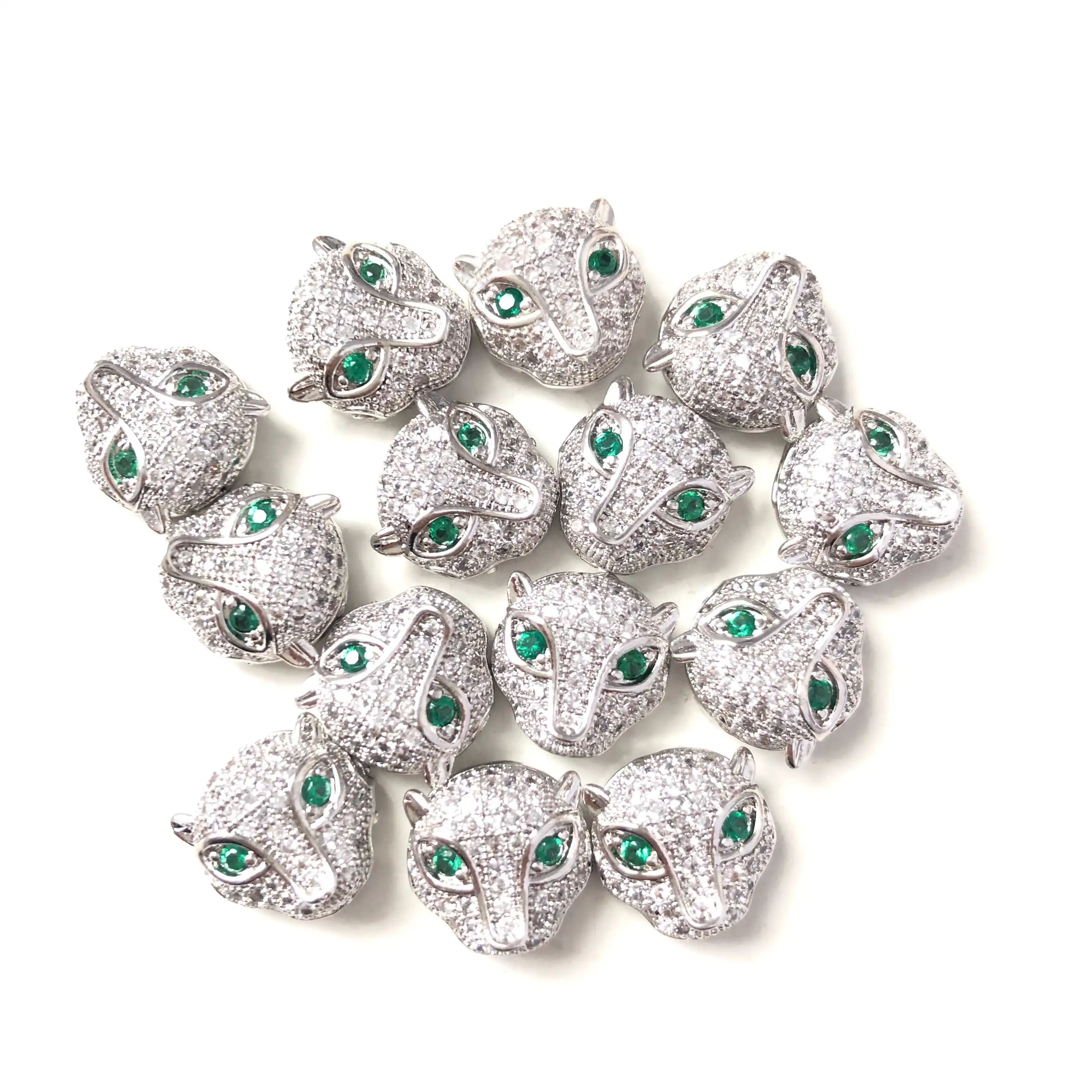 20pcs/Lot Cubic Zirconia Paved Panther Head Spacers Beads for Woman Bracelets Men Jewelry Making Handmade Crafts Findings Supply