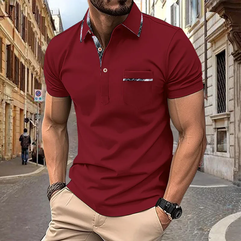 Summer New Men's Short sleeved Polo Shirt Half Zipper Color Block Pocket Polo Shirt Fashion Casual Polo Collar Shirt