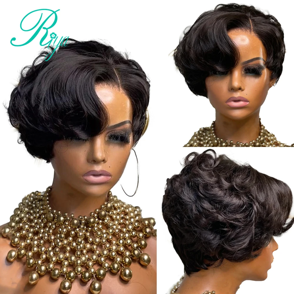 Short Human Hair Wigs For Black Women Pixie Cut Straight 4x4 Lace Closure Wig With Bangs Glueless Wear and Go Wig Pre Plucked