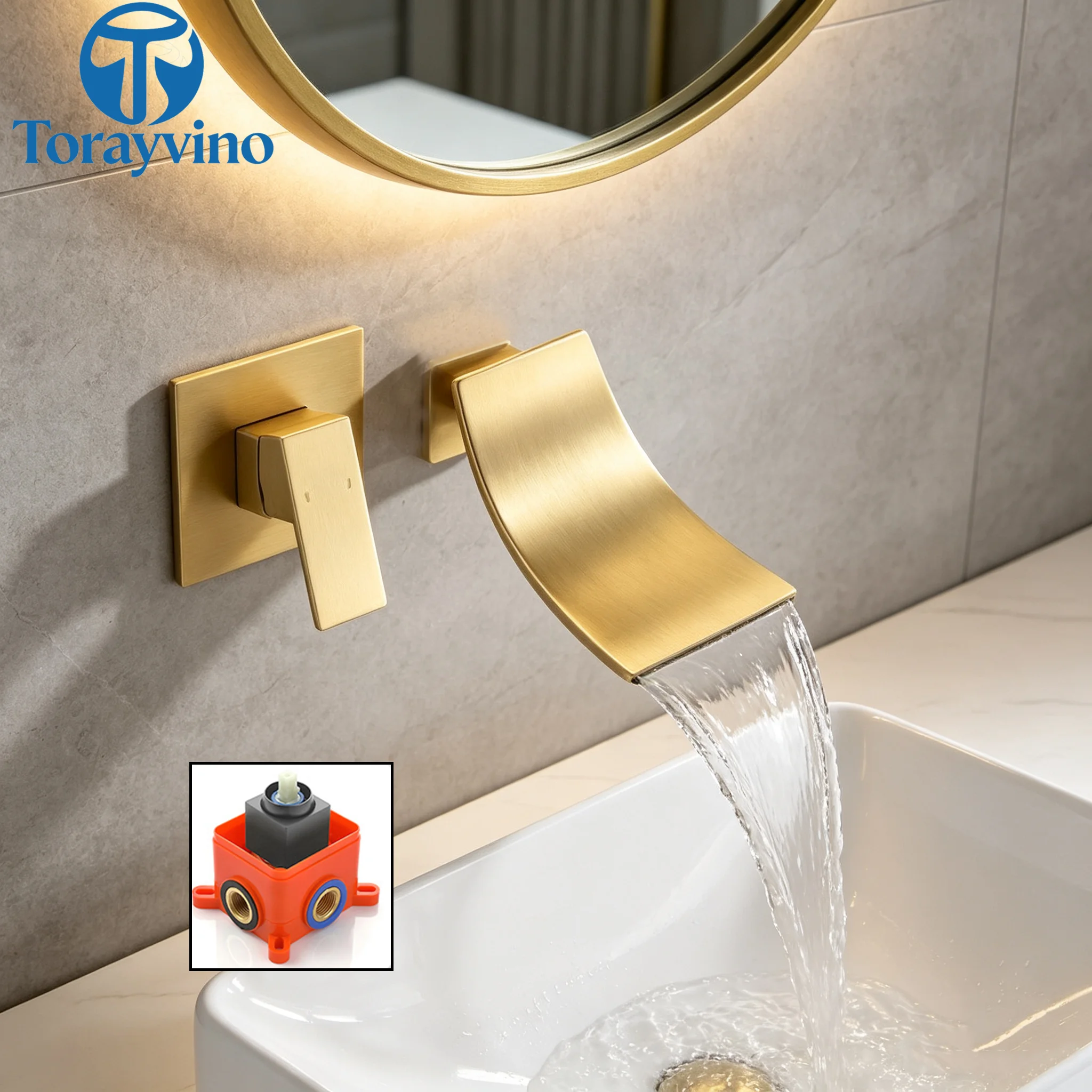 Torayvino Bathroom Black Sink Faucet Wall Mount Waterfall Spout Bathtub Faucet Basin Shower Systerm Faucet Set Bath Mixer Tap