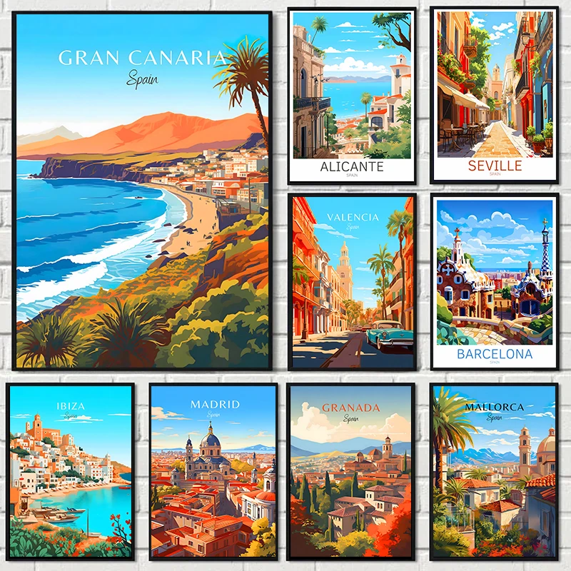 Póster de viaje de España, París, Gran, Canaria, Barcelona, madrid, Granada, paisaje, lienzo impreso, pintura, arte de pared, imagen, decoración del hogar para habitación