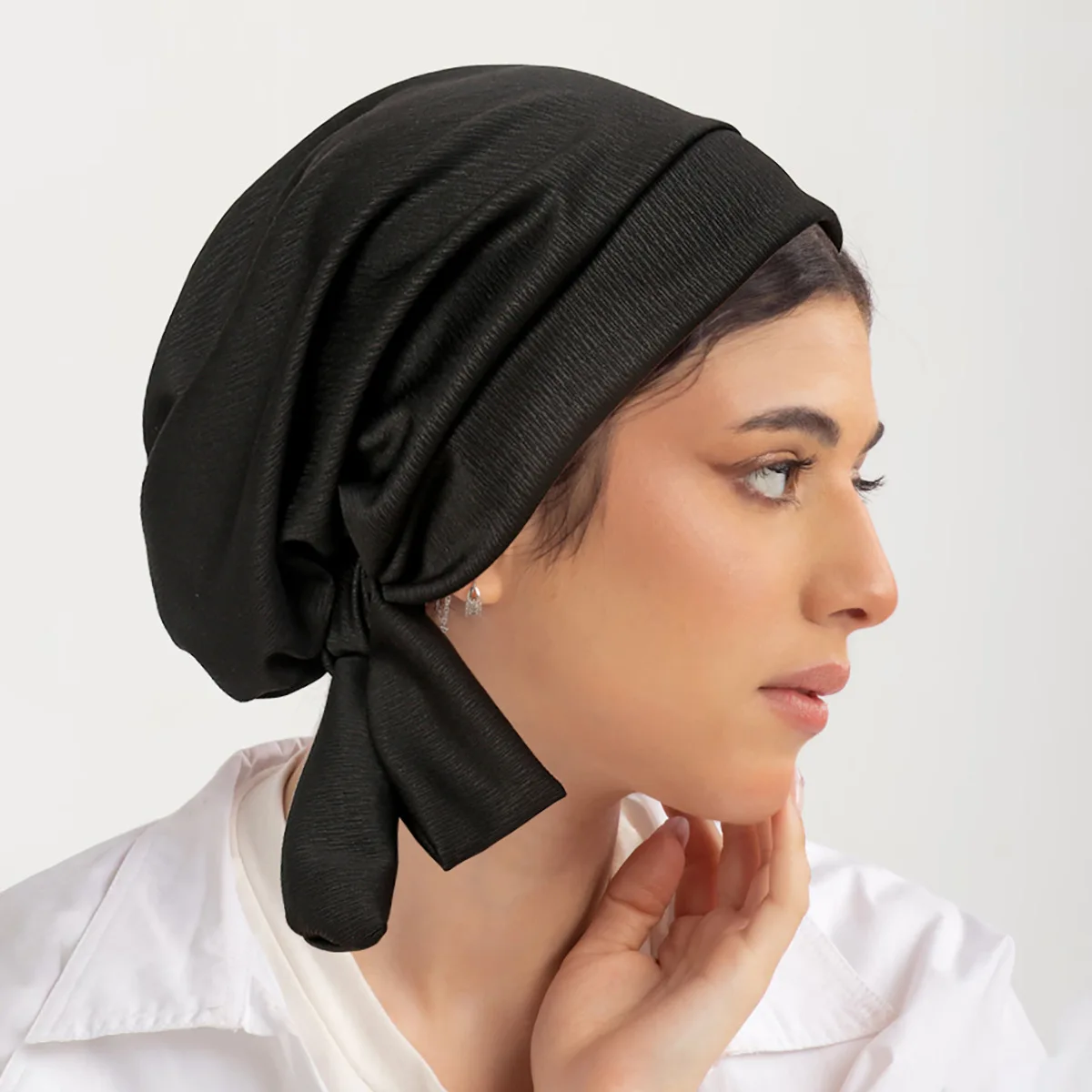 New Women Solid Color Pleated Long Tail Turban Hat Pre-tied Back Ramadan Chemo Hat Bandanas Elastic Breathable Head Wraps Cap