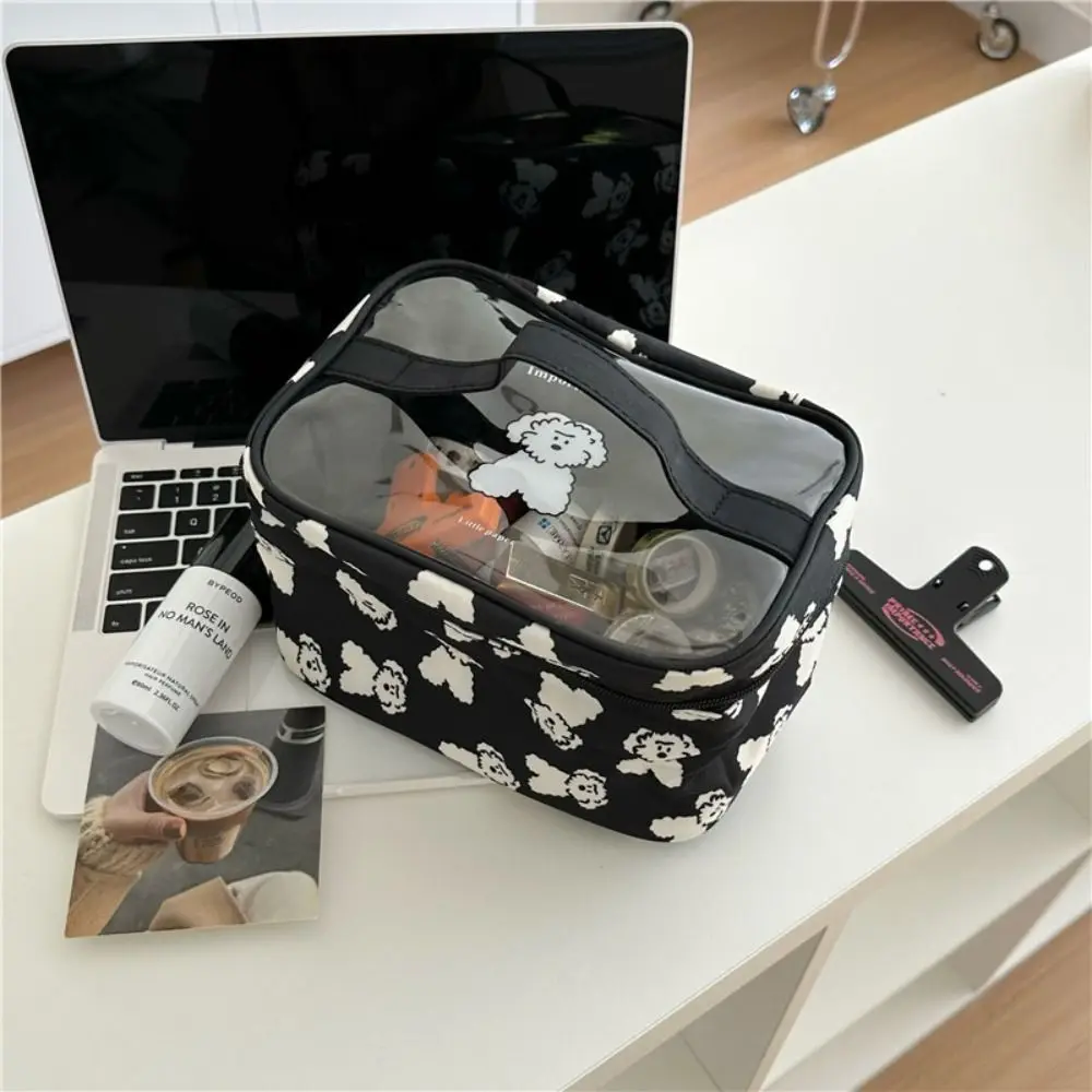 Cartoon PVC Transparent Makeup Bag Large Capacity Handbag Nylon Cosmetic Bag Zipper Korean Style Skincare Storage Bag Travel