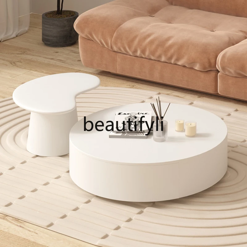 Cream style modern simple round coffee table TV cabinet combination high sense