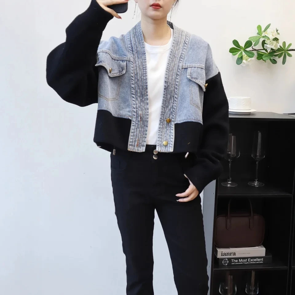 

Women's Short Length Patchwork Denim Knitted Cardigan Korean Style V-Neck Single Breasted Woolen Sweater Coat 2026 Autumn Winter