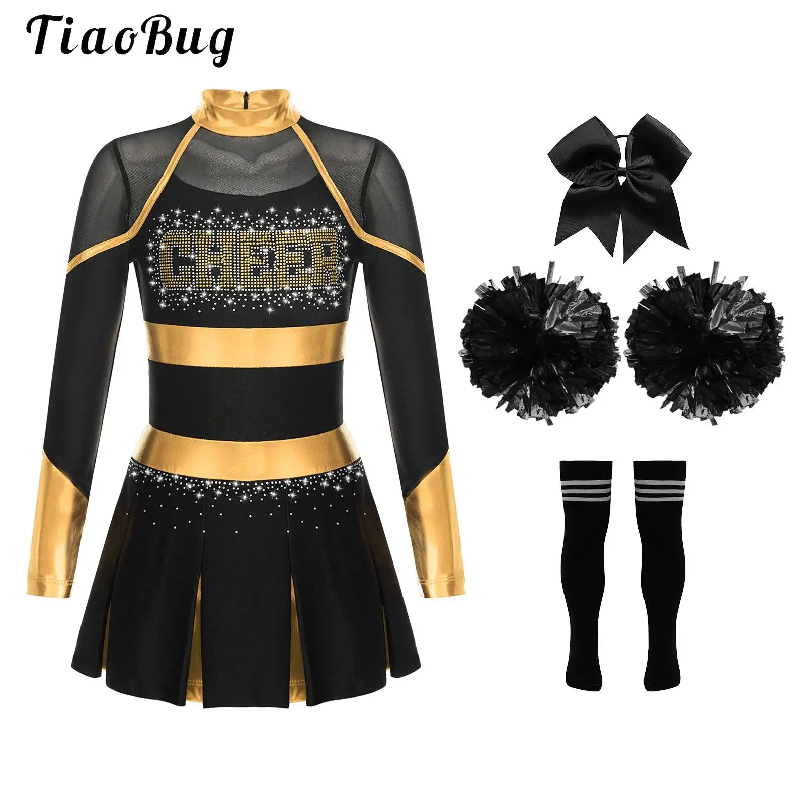 

Girls Cheerleading Uniform Dress Costume Outfit Shiny Long Sleeve Mesh School Group Dance Halloween Cheerleader Dress Up Set