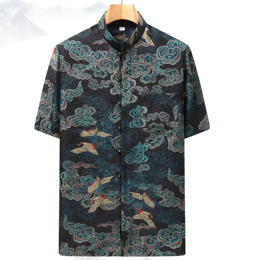 

Europe and America men's clothing 2024 summer new Short sleeve standing collar Vintage printing Fashionable gauze silk shirt