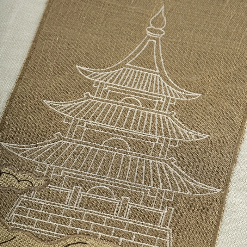 Chinoiserie Pagoda Embroidery Pillow Cover Linen Blend Patchwork Cushion Case Retro Art Decorative Pillows for Asian Home Decor