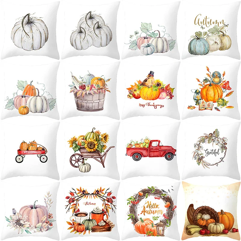 Autumn Harvest Flower Pumpkin Cushion Cover Thanksgiving Day Simple Yellow Food Leaves Landscape Pillow Case Home Decoration