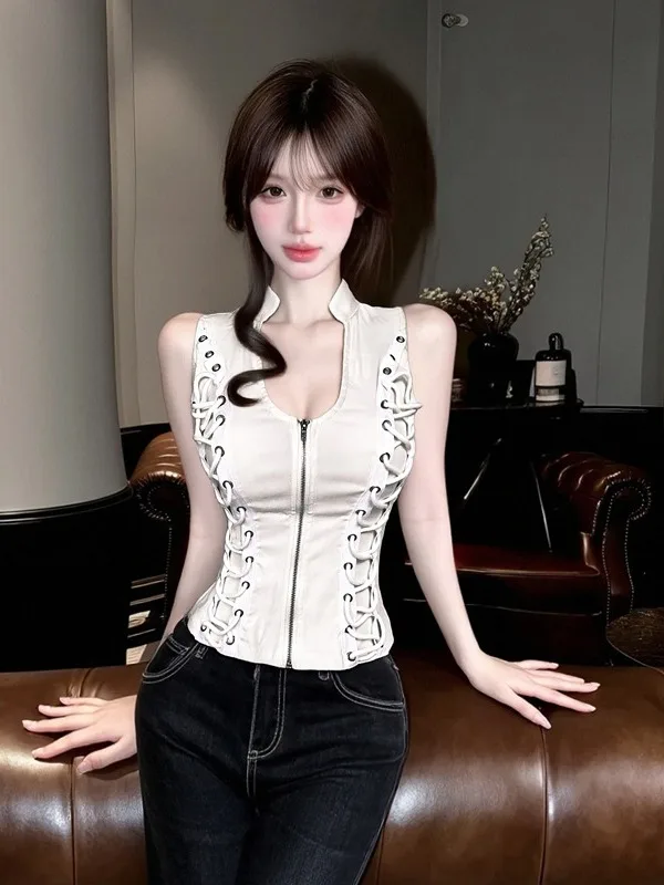 Bla Punk Sle Zipper Vest Slim Fit Base Layer Top Sexy Ro Strap Trendy loween Costume Women's Faion Inner Wear