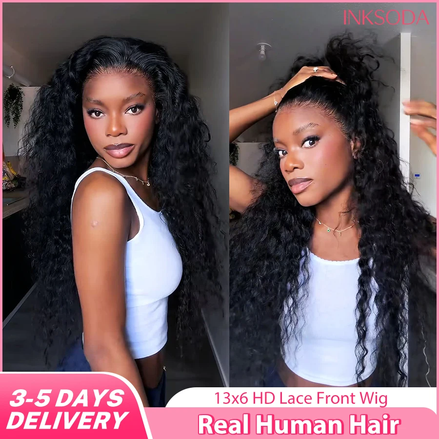 Natural Black 13x6 13x4 HD Transparent Lace Front Human Hair Wigs 180-220% Density Curly Deep Wave Human Hair Wig 40 Inch #1B Wigs For Natural Look Human Hair Wigs For Women Deep Wave Brazilian Pre-Plucked Prebleached Black Wig Promotional Sale
