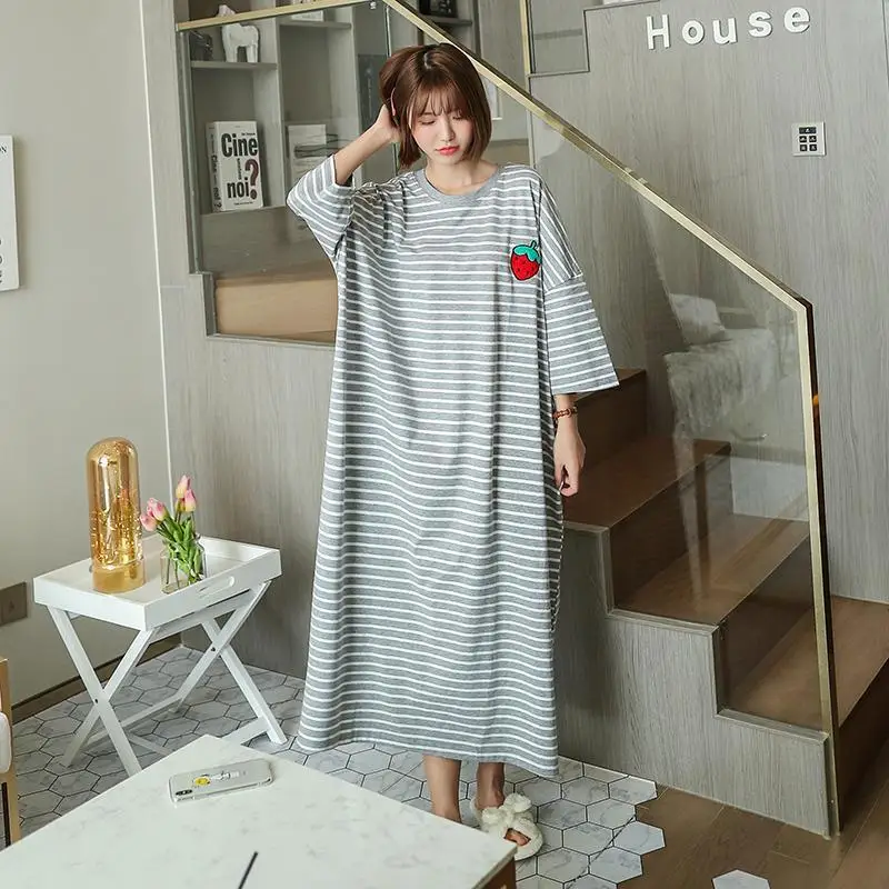 Summer Pajama Dress Female Short-Sleeved Cartoon Homewear Lengthened Plus Size Striped Student Pajamas Easy To Wash Long Clothes