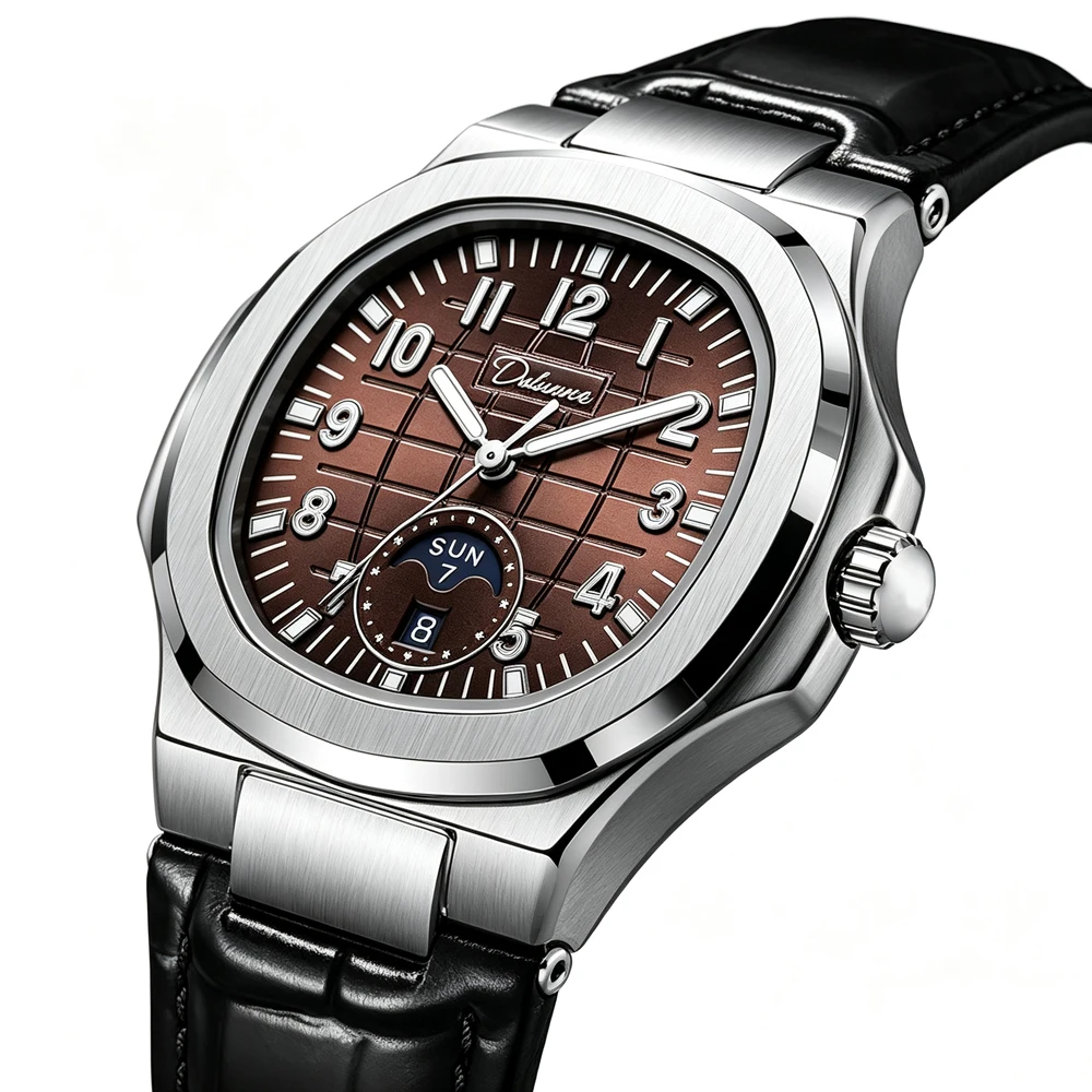 Men Automatic Watch Octagonal Steel Case Brown Grid Dial Date Black Leather Strap Luminous Male Self‑Winding Wristwatch Gift
