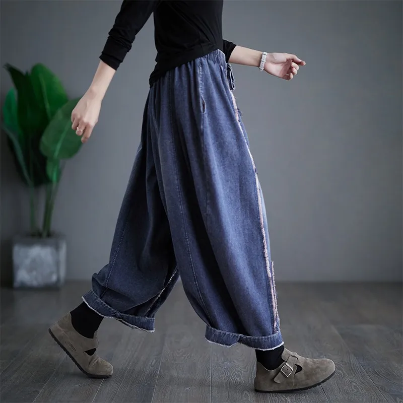 2024 Spring Autumn New Arts Style Women Elastic Waist Cotton Denim Harem Pants Patchwork Design vintage Blue Loose Jeans P625