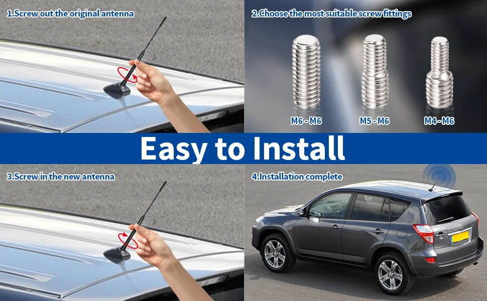 Eightwood Universal Car Radio Antenna Replacement AM FM DAB Roof Mount Aerial Mast Rod Screws M4 M5 M6 23cm 9 Inch Short