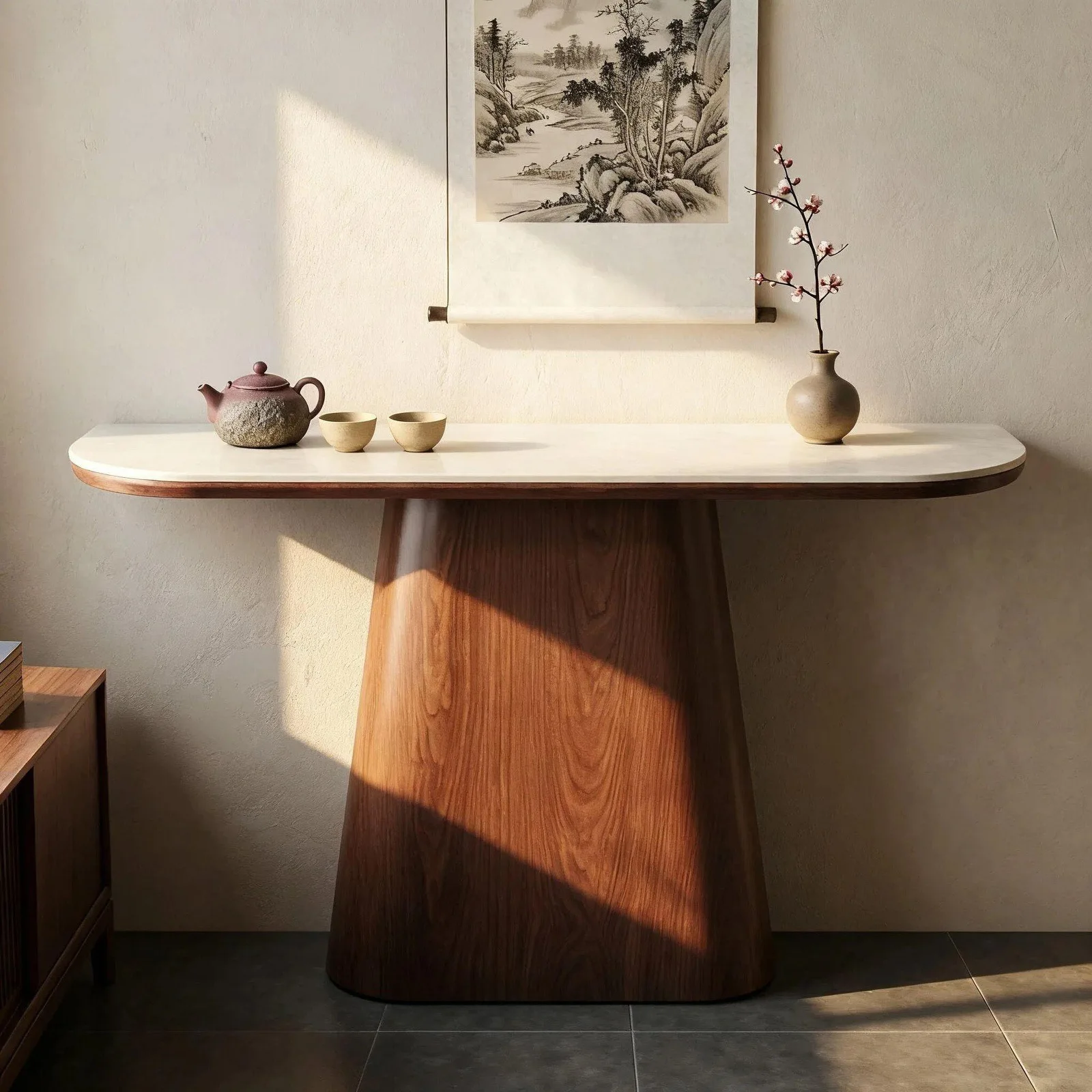 HYS travertine rock slab wabi-sabi wind carbon entrance table, entrance corridor against the wall, ultra-narrow long strip table
