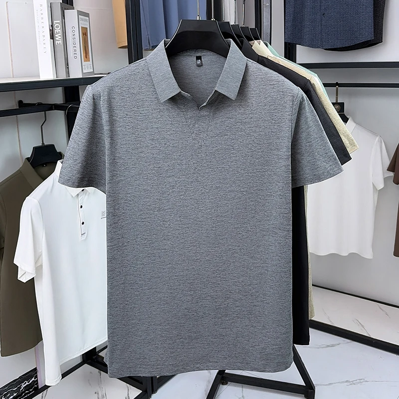 Herren Kurzarm-Poloshirts, einfarbig, ohne Knöpfe, V-Ausschnitt, schmal geschnitten, leicht, knitterfrei, modische Alltags-Tops für Männer – Detail 18
