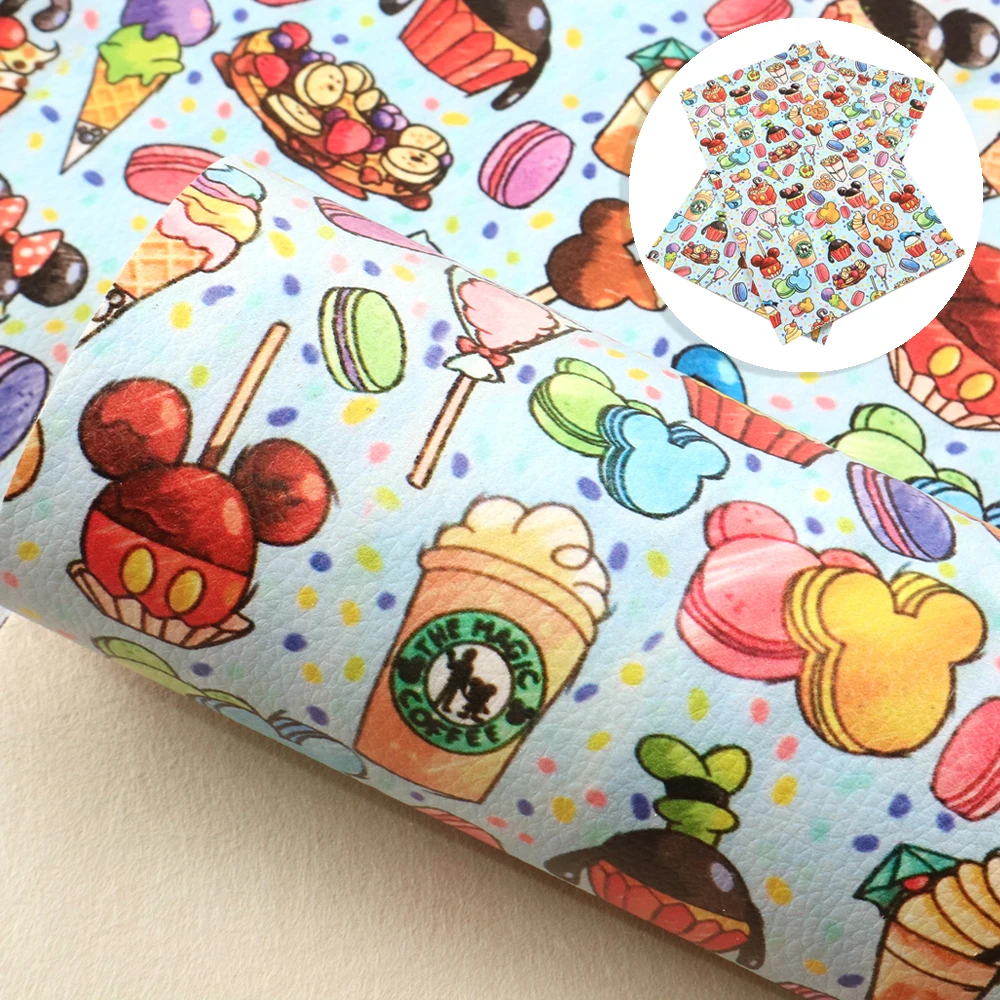 Disney Snacks Print Lychee Texture Faux Leather Sheet Lollipop Cake DonutsSynthetic Leatherette Vinyl Fabric for DIY Accessories